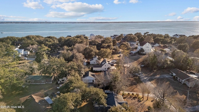 drone / aerial view with a water view and a residential view