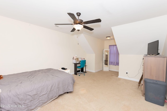 bedroom with baseboards, ceiling fan, visible vents, and light colored carpet