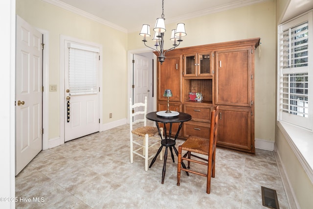 dining room with baseboards, visible vents, ornamental molding, an inviting chandelier, and light tile patterned flooring