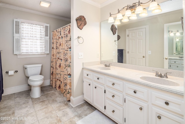 full bathroom with toilet, crown molding, double vanity, and a sink