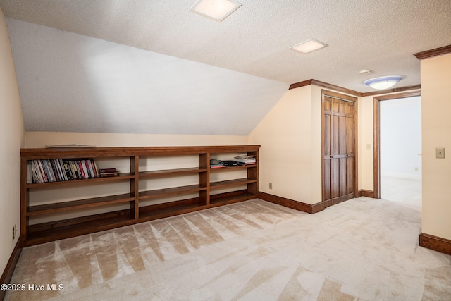 additional living space with lofted ceiling, carpet flooring, a textured ceiling, and baseboards