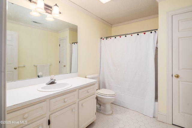 full bath featuring toilet, vanity, visible vents, ornamental molding, and tile patterned floors