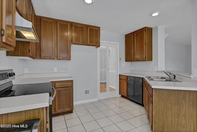 kitchen with black dishwasher, brown cabinets, custom exhaust hood, a sink, and stainless steel range with electric stovetop