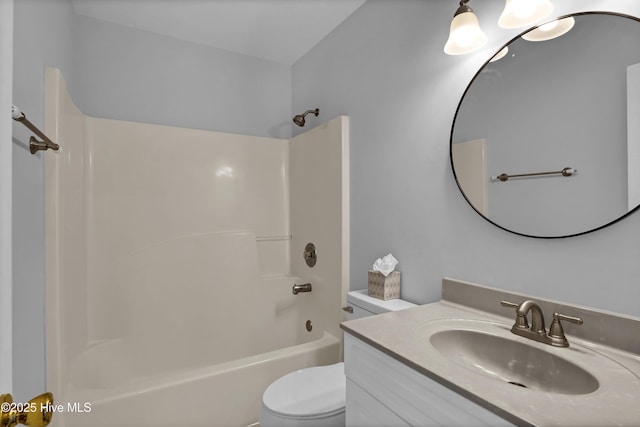 full bath with shower / bathing tub combination, vanity, and toilet