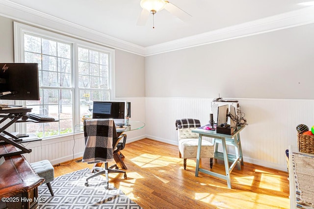 office space with ceiling fan, a wainscoted wall, crown molding, and wood finished floors