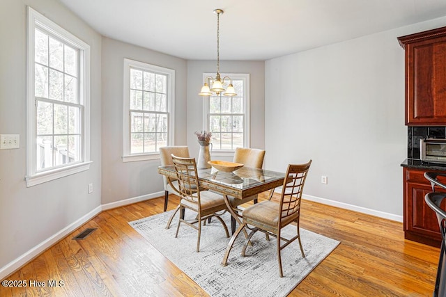 dining room with a toaster, a notable chandelier, visible vents, light wood-style flooring, and baseboards