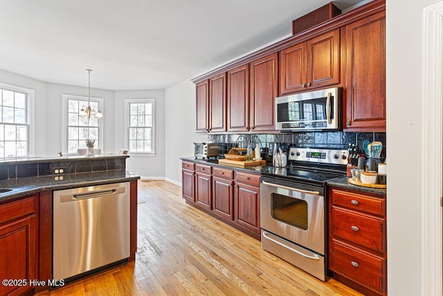 kitchen featuring reddish brown cabinets, light wood-style floors, stainless steel appliances, and decorative backsplash