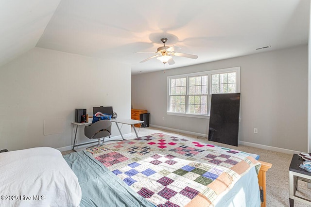 bedroom with a ceiling fan, carpet flooring, visible vents, and baseboards