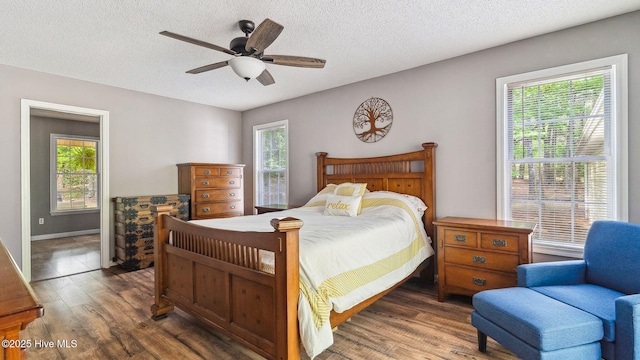 bedroom featuring a textured ceiling, multiple windows, and wood finished floors