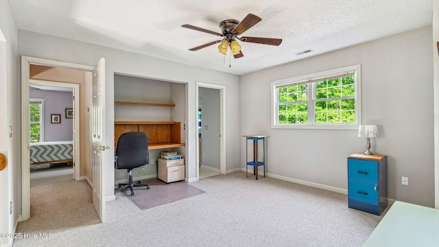office space with ceiling fan, a healthy amount of sunlight, and carpet