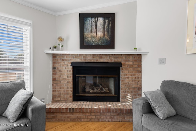 room details featuring a fireplace, crown molding, and wood finished floors