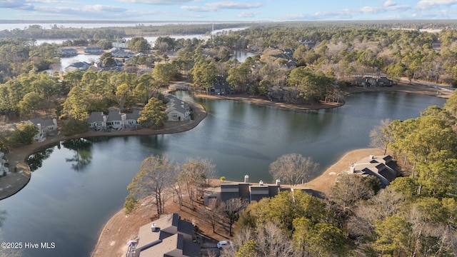 drone / aerial view with a forest view and a water view