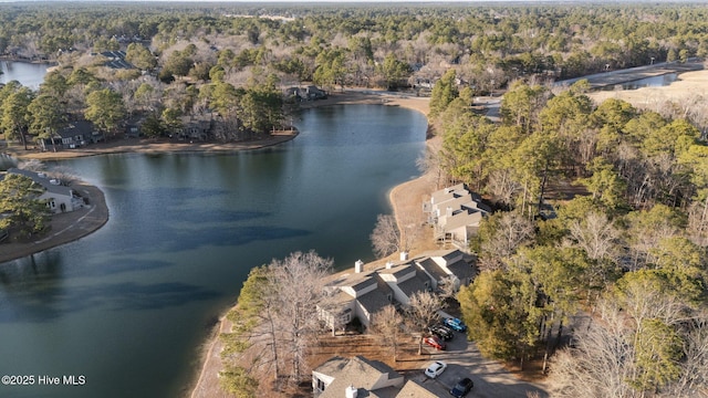 drone / aerial view with a water view and a wooded view