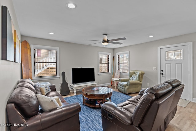 151 NE 9th St, Oak Island, NC 28465 - living area with ceiling fan, recessed lighting, light wood-style floors, and baseboards