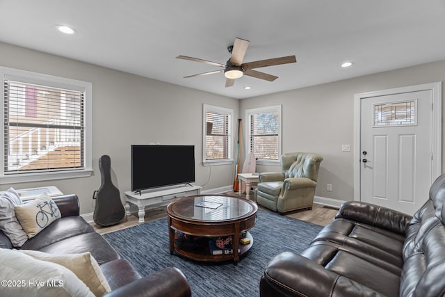 151 NE 9th St, Oak Island, NC 28465 - living room with ceiling fan, wood finished floors, recessed lighting, and baseboards