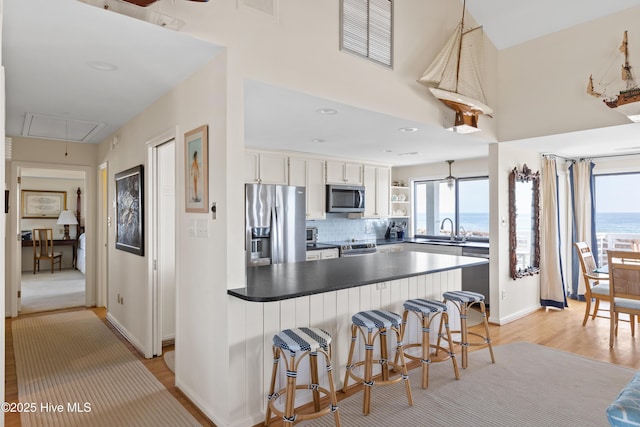 kitchen with dark countertops, appliances with stainless steel finishes, a healthy amount of sunlight, a sink, and a peninsula