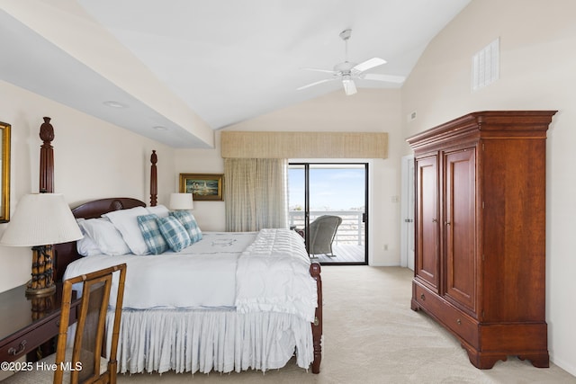 bedroom with visible vents, a ceiling fan, light carpet, high vaulted ceiling, and access to outside