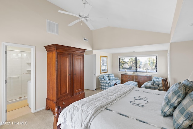 bedroom with light carpet, visible vents, connected bathroom, and lofted ceiling