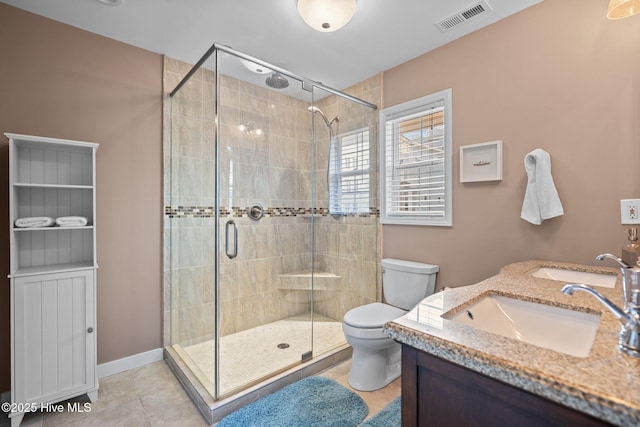 full bath with toilet, tile patterned flooring, a shower stall, and visible vents