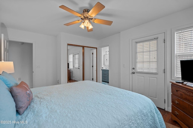 bedroom featuring a ceiling fan, multiple windows, ensuite bath, and wood finished floors