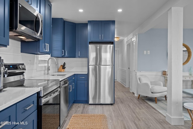 kitchen featuring stainless steel appliances, a sink, and blue cabinets