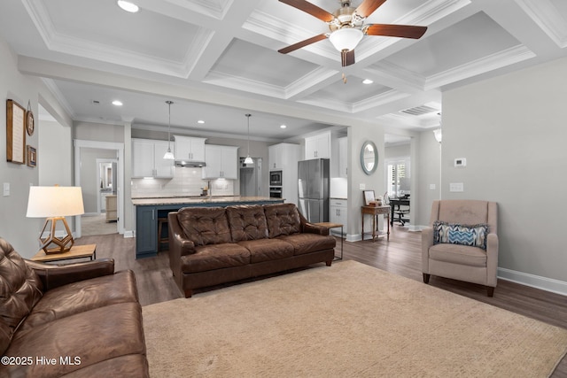 living room with dark wood-style flooring, coffered ceiling, and beam ceiling