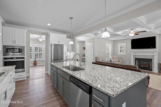 kitchen featuring dark wood-style flooring, a fireplace, appliances with stainless steel finishes, white cabinets, and a sink