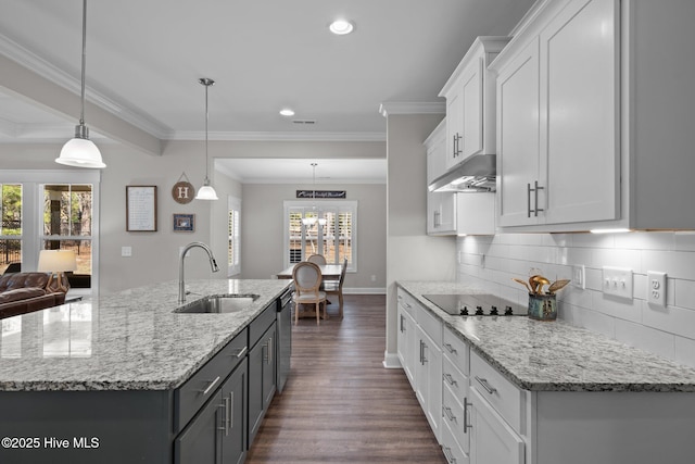 kitchen with under cabinet range hood, a sink, backsplash, dishwasher, and dark wood finished floors