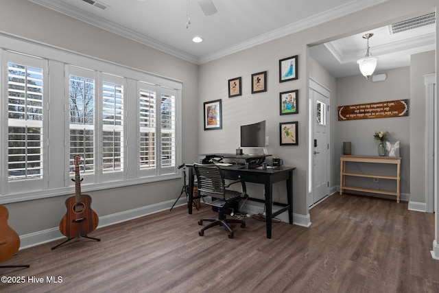 office space featuring ornamental molding, wood finished floors, visible vents, and baseboards