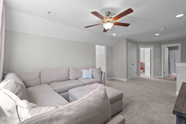 living area featuring ceiling fan, recessed lighting, light colored carpet, baseboards, and vaulted ceiling