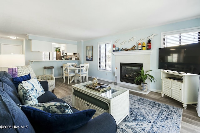 living room featuring baseboards, wood finished floors, and a glass covered fireplace