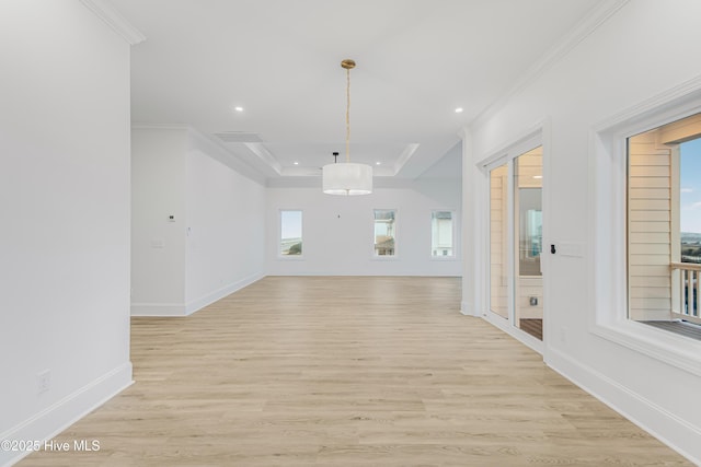 unfurnished living room featuring light wood finished floors, baseboards, crown molding, and recessed lighting