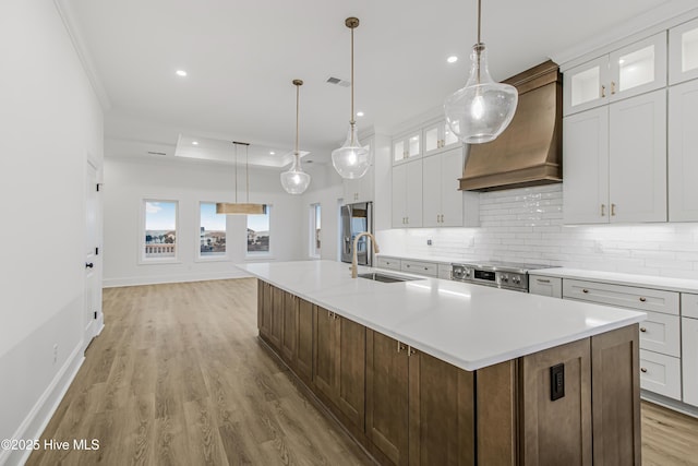 kitchen with tasteful backsplash, custom range hood, a sink, and visible vents