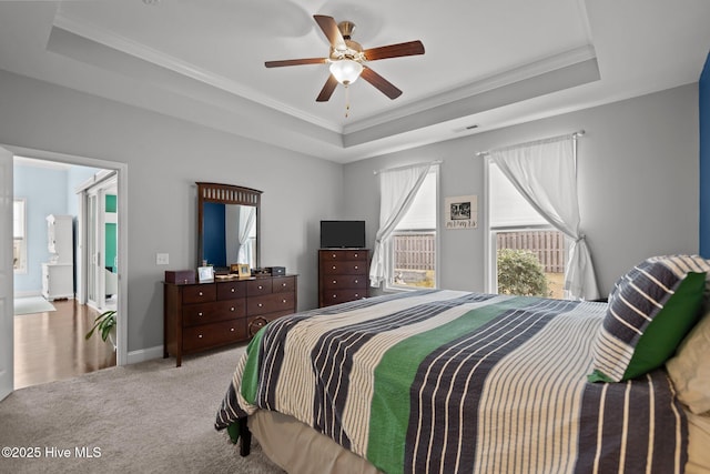 carpeted bedroom featuring visible vents, a raised ceiling, and crown molding