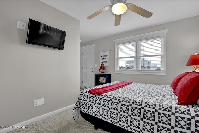 bedroom featuring carpet, ceiling fan, and baseboards