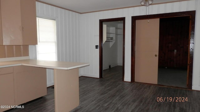 kitchen with light countertops, dark wood-type flooring, a peninsula, and crown molding