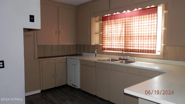 kitchen featuring light countertops, dark wood-type flooring, and a sink