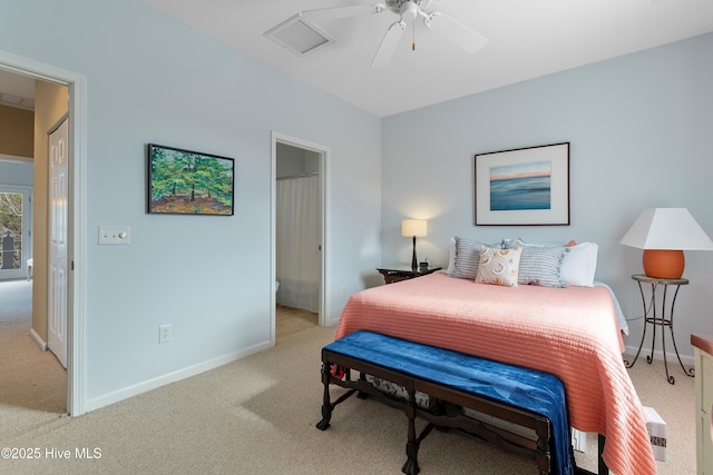 bedroom featuring light colored carpet, ceiling fan, visible vents, and baseboards