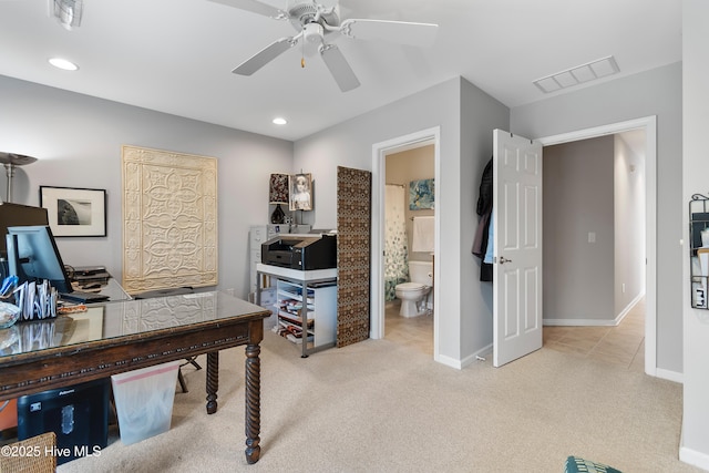 carpeted office space with a ceiling fan, recessed lighting, visible vents, and baseboards