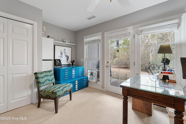 office with ceiling fan, visible vents, and carpet flooring