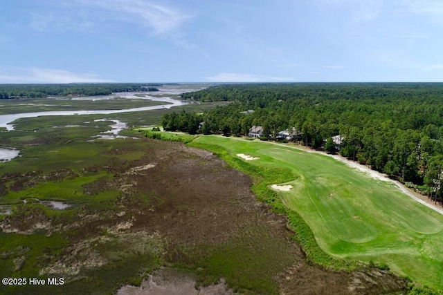 bird's eye view featuring a forest view, a water view, and golf course view