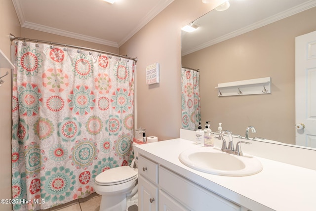 full bathroom with tile patterned floors, toilet, vanity, and crown molding