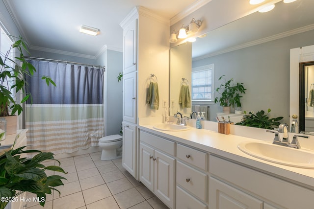 bathroom with tile patterned flooring, toilet, crown molding, and a sink