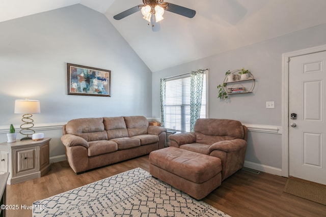 living room with visible vents, high vaulted ceiling, wood finished floors, baseboards, and ceiling fan