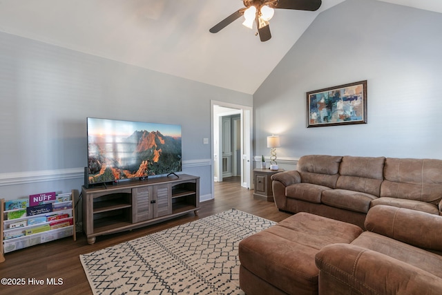 living room featuring wood finished floors, high vaulted ceiling, and ceiling fan