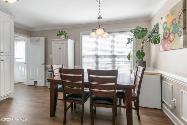 dining room featuring an inviting chandelier, dark wood-type flooring, and ornamental molding