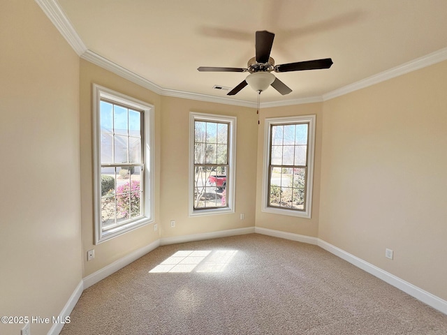 carpeted empty room featuring ceiling fan, visible vents, baseboards, and ornamental molding