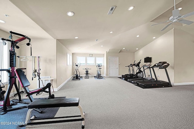 workout area featuring recessed lighting, baseboards, and ceiling fan