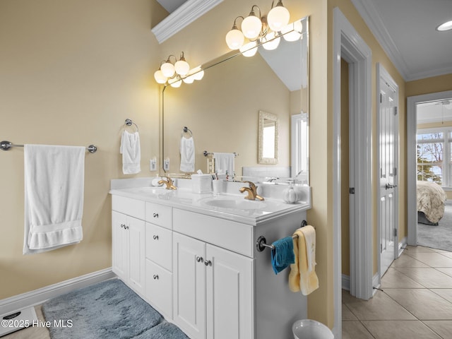 full bath featuring double vanity, tile patterned flooring, a sink, and crown molding