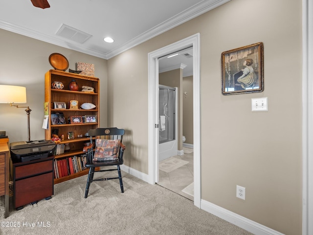 home office with visible vents, baseboards, ornamental molding, carpet, and recessed lighting